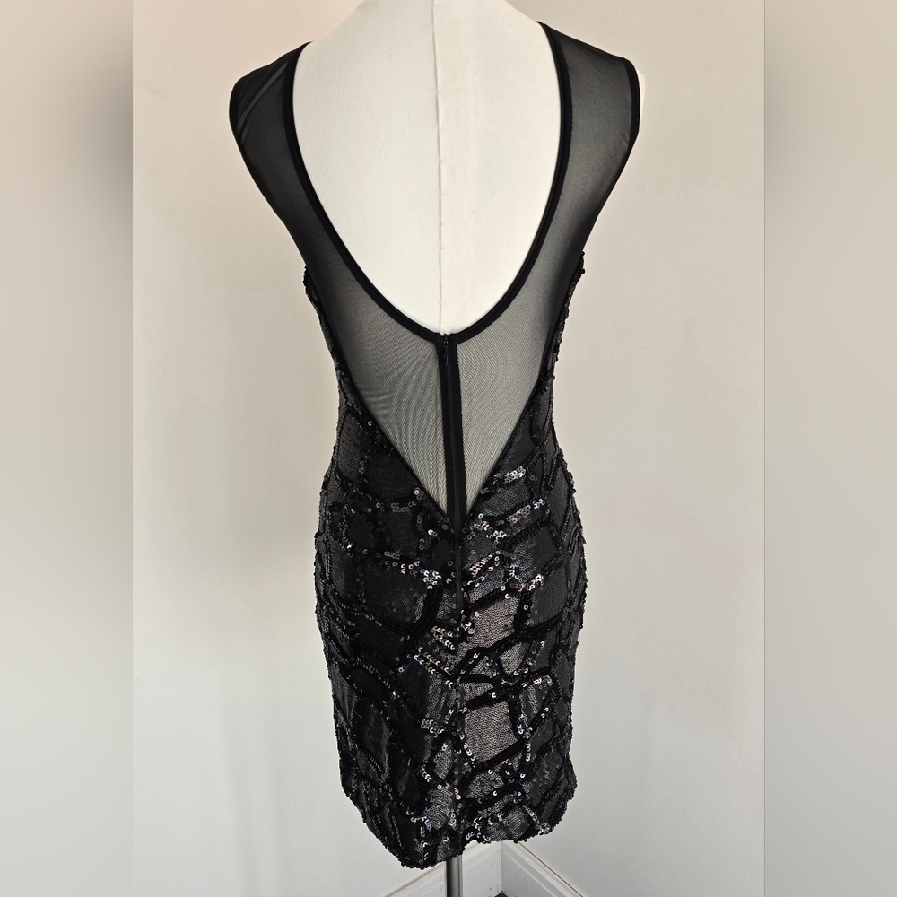 NWT Dress the Population Black Sequin Bodycon Mini Dress Mesh Neckline V Back XS - Picture 4 of 14